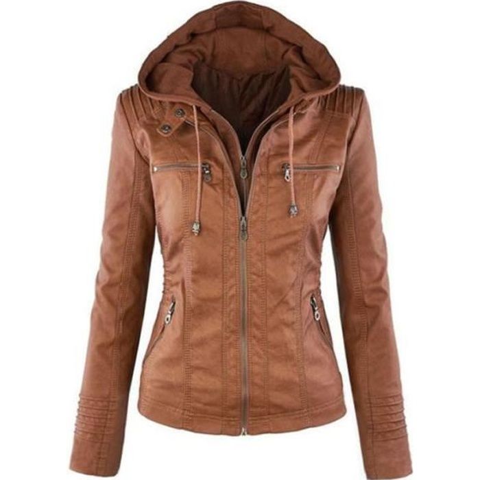 Veste en Cuir Femme PU Bombers Aviateur Moto Blouson Femme Encapuchonne Simili Biker Zippe Chaud Casual plus la taille BRUN Cdiscount Pret a Porter