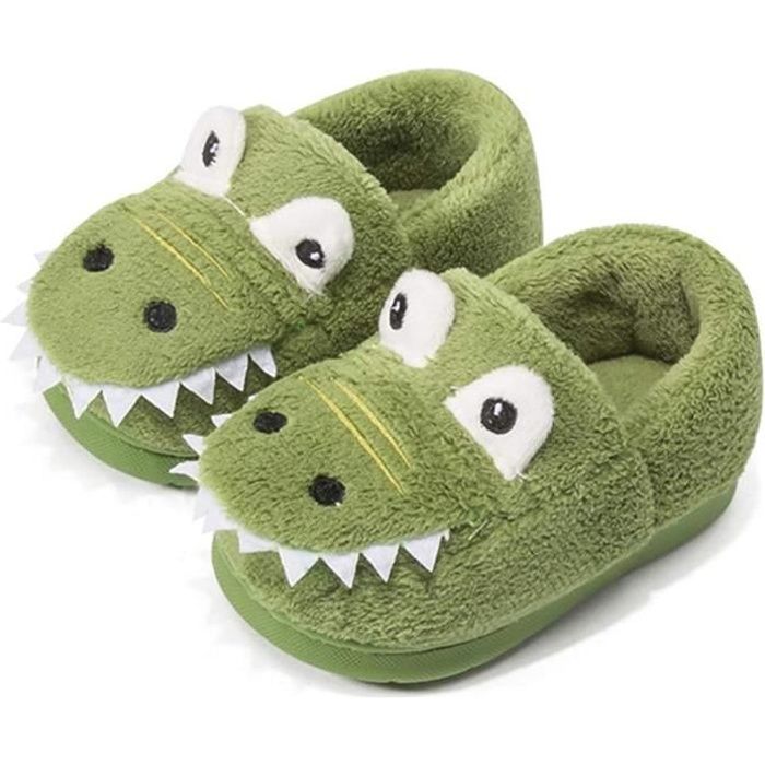 Chausson Enfant Peluche Dinosaure Vert Coton Antid rapant