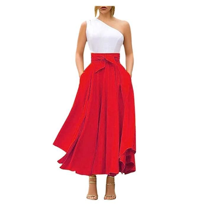 jupe plissée taille haute jupe longue femme a-line élégant irrégulier rétro rétro swing,rouge,s
