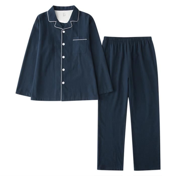 Pyjama Homme en Coton Couleur Unie Vetement de Nuit Confortable Mi saison Bleu marine
