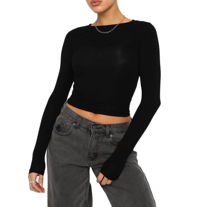 Crop Top Femme Été Sexy, T-Shirt Femme Court Sexy Haut Manches Courtes pour  Femme Couleur Unie Haut Moulant Femme Col Rond Haut Court pour Femme en