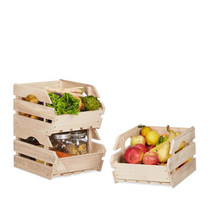Relaxdays Cagette En Bois Empilable Boite Rangement Nature Lot De