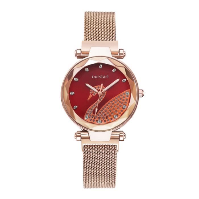 SHARPHY Montre femme quartz diamant cygne bracelet en acier or rose élégance rouge mode luxe