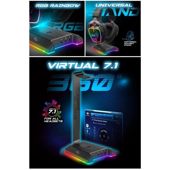 Support Casque avec 4 Ports USB 7.1 RGB Support Casque RGB Porte Casque Gamer pour PC Gamer Casque Gaming avec guide câble