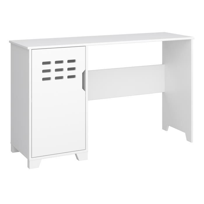 Bureau Loki, équipé d'un rangement avec porte et étagère. Réalisé en MDF laqué blanc.