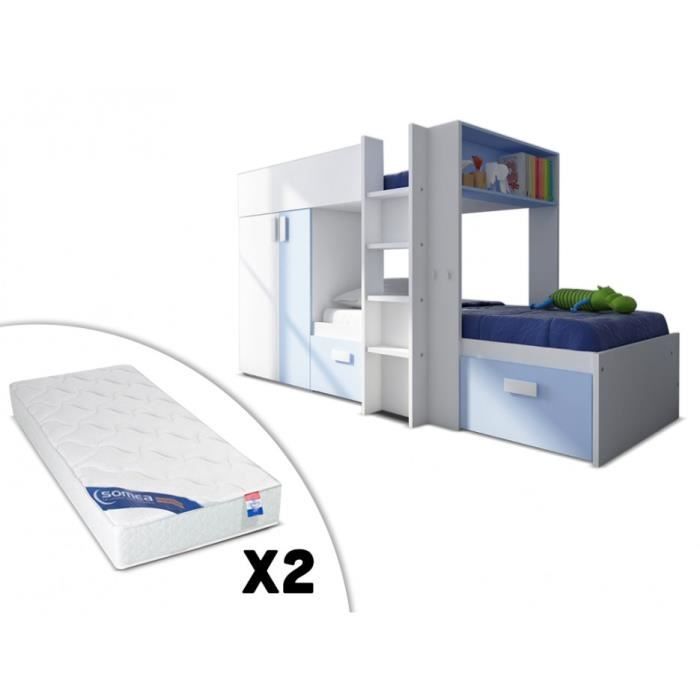 Lits Superposes Julien 2x90x190cm Armoire Integree Blanc Et Bleu Pastel 2 Matelas Zeus 90x190 Achat Vente Lits Superposes Lits Superposes Julien Soldes Cdiscount