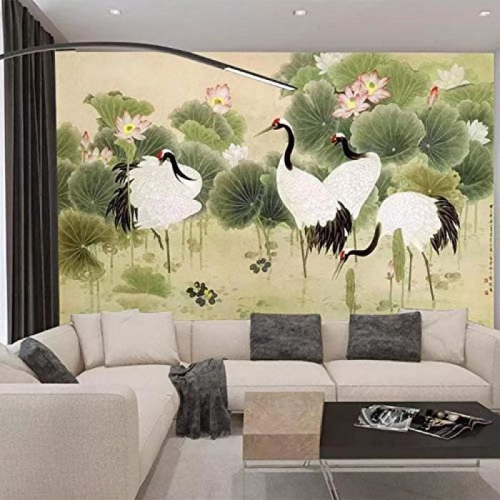 3D papier peint mural style chinois grue à couronne rouge grue blanche ...