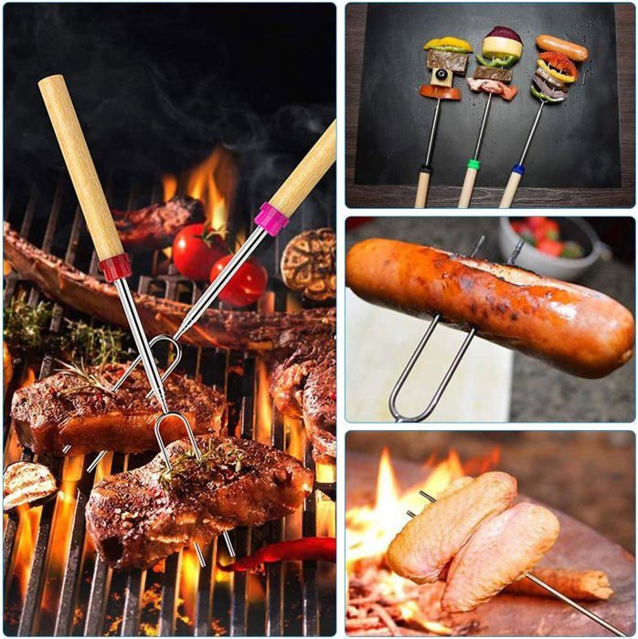 XTUDOU 8 Brochettes Télescopiques Barbecue - Longueur 31 à 81 Cm, Manches Bois, Acier Inoxydable, Pour Camping & Feux De Camp