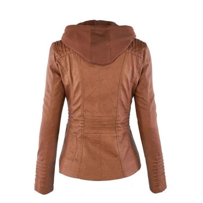 Veste en Cuir Femme PU Bombers Aviateur Moto Blouson Femme Encapuchonne Simili Biker Zippe Chaud Casual plus la taille BRUN Cdiscount Pret a Porter