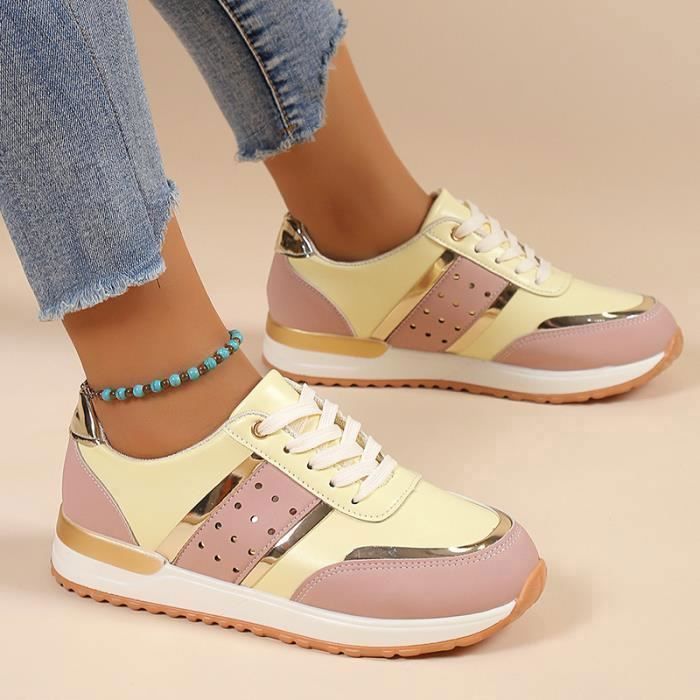 Baskets Femme REMYCOO Plateforme Cuir Patchwork Kaki Jaune
