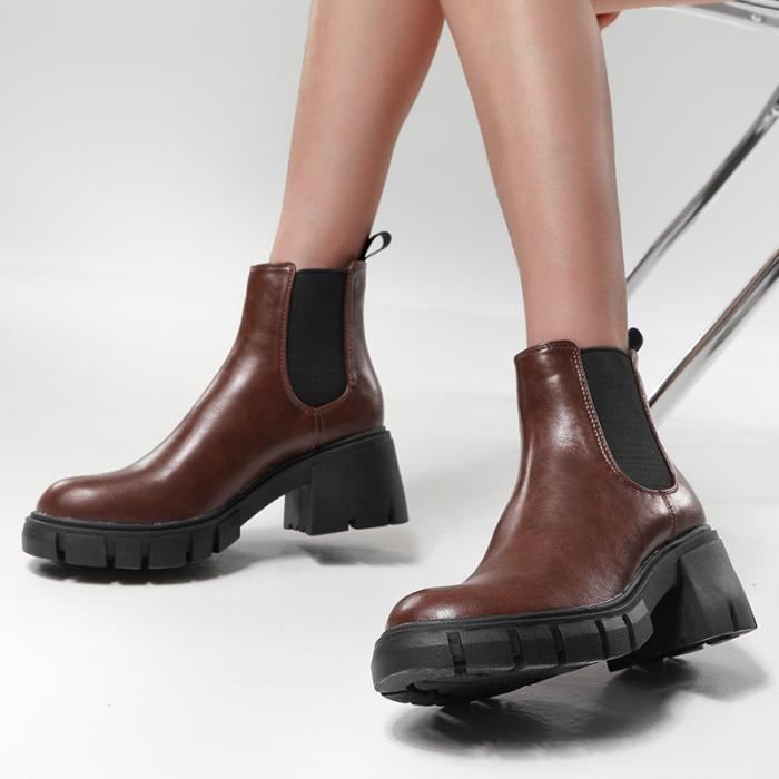 Boots Femme Chelsea talon epais hiver bout rond Noir Noir Cdiscount Chaussures