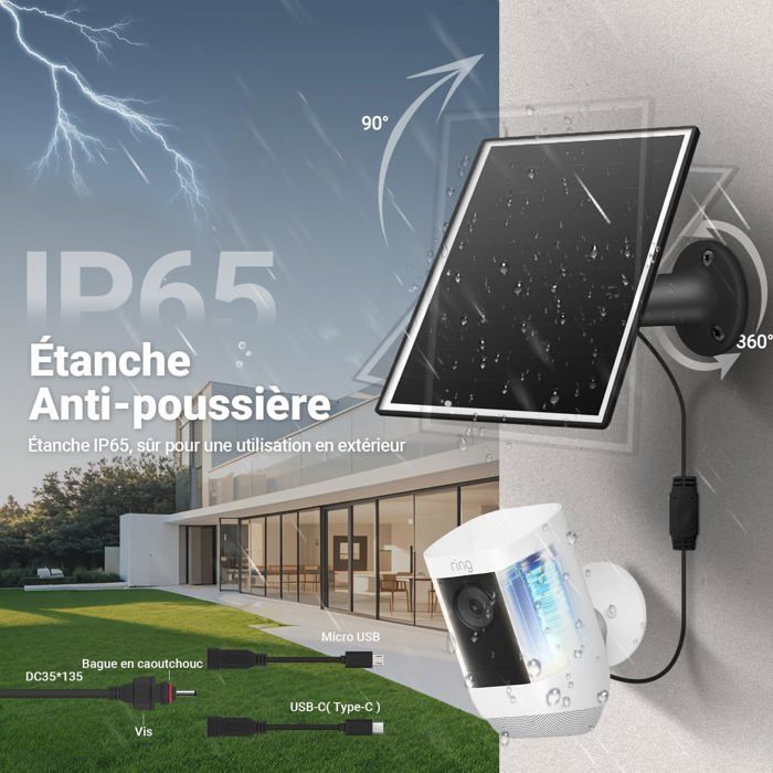 Panneau Solaire 6W Pour Caméras Sécurité - Chargeur USB-C/Micro USB/DC - Compatible Ring, Eufy