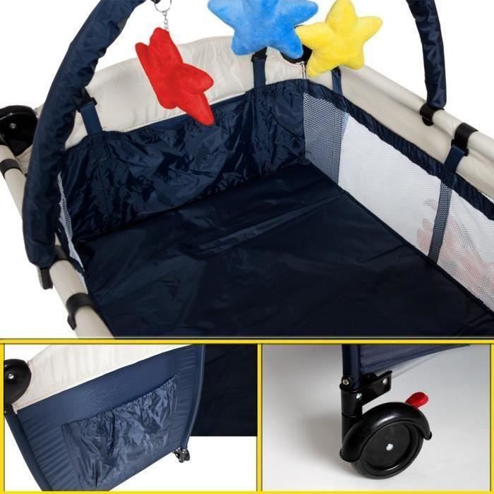 Lit parapluie bleu avec étage bébé, arche de jeux et table à langer Asalvo