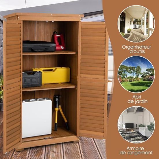 Armoire Jardin COSTWAY Bois Avec Plan De Travail Métal - Rangement Outils - Portes Persiennes