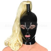Noir - XXL - Masque en Latex Sexy pour Homme et Femme, Capuche en Caoutchouc avec Tresse de Perruque Supérieu