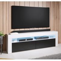 Meuble TV - AKER - 140 x 50,5 x 35cm - Blanc et Noir Finition brillante - LED RVB 16 couleurs