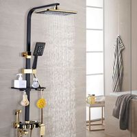 Flexible de douche - support de douchette - pommeau de douche en spray - avec étagère - avec crochet - carré - noir + doré
