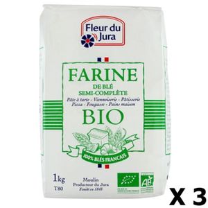 FARINE LEVURE Lot 3x Farine T80 semi-complète BIO 100% blés français - Fleur du Jura - paquet 1kg