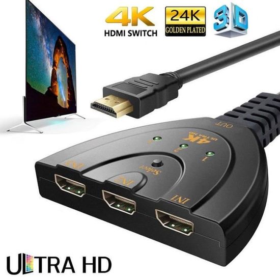 Commutateur HDMI 3 En 1 8K 60Hz/4K 120Hz - Avec Télécommande IR, Compatible PC, Xbox, Blu-ray