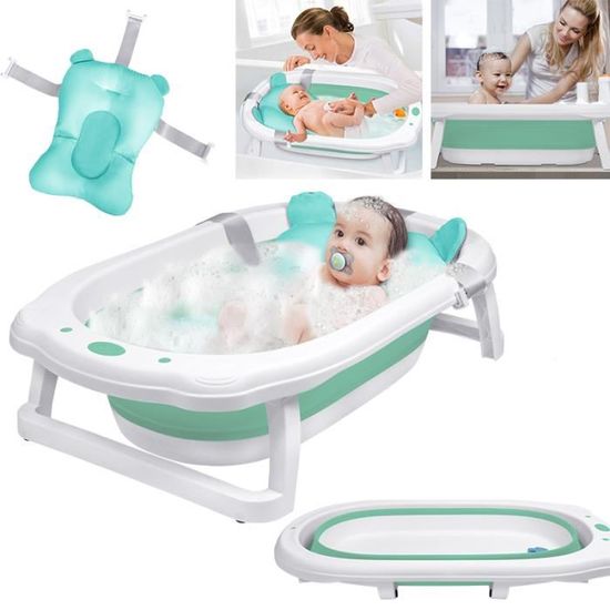 Benoire Pour Bébé Baignoire Bebe TEBOKHAD Pliable, Bébé Avec Sonde De Température Et Tapis De Bain, Conception Ergonomique, Facile à Transporter, Convient Aux Nouveau-Nés De 0 à 36 Mois (Vert B Baignoire