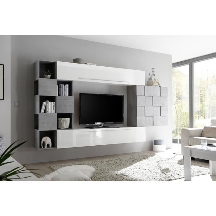 LUDOVICA 4 LAQUE BLANC ET BETON ENSEMBLE COMPOSITION MURALE MEUBLE TV TENDANCE