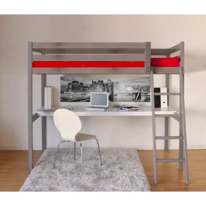 ASPEN Lit adulte mezzanine 90x190 cm + sommier - Laqué gris
