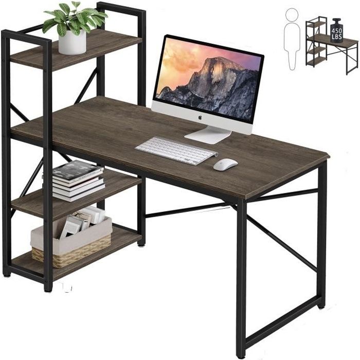 Bureau bibliothèque DETROIT design industriel - 3 étagères Armature métallique - 120 x 60 x 75 cm
