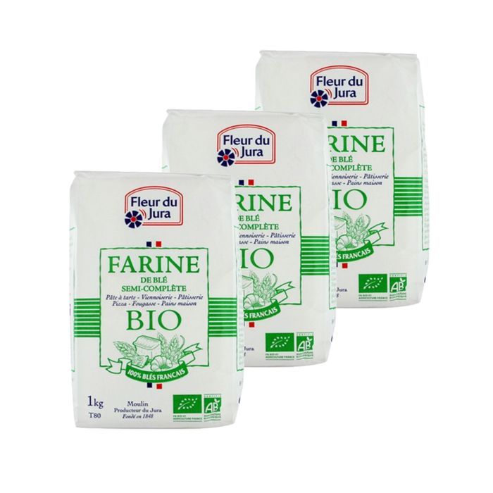 Lot 3x Farine T80 semi-complète BIO 100% blés français - Fleur du Jura - paquet 1kg