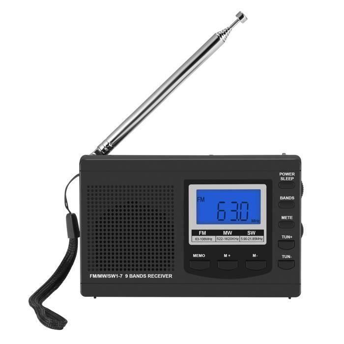 JIE Radio portable FM-MW-SW avec antenne Réveil numérique Récepteur radio FM Récepteur FM numérique portable Horloge