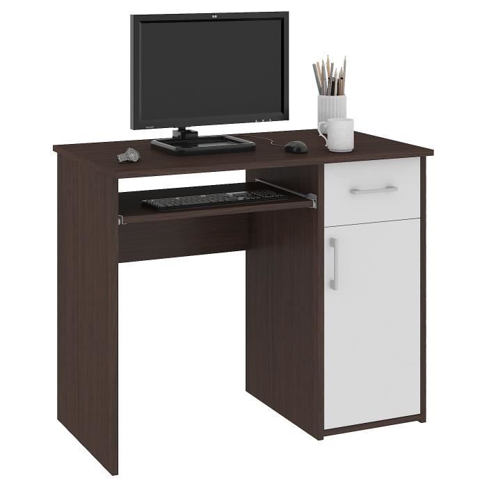 TORPE - Bureau informatique contemporain 90x74x50 cm - Taille compacte + support clavier + tiroir - Table ordinateur - Wenge/Blanc