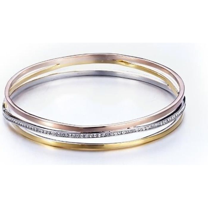 Bracelet Bangle 3 Ors Jaune, Blanc et Rose, Cristaux Swarovski Elements et Plaqué Rhodium