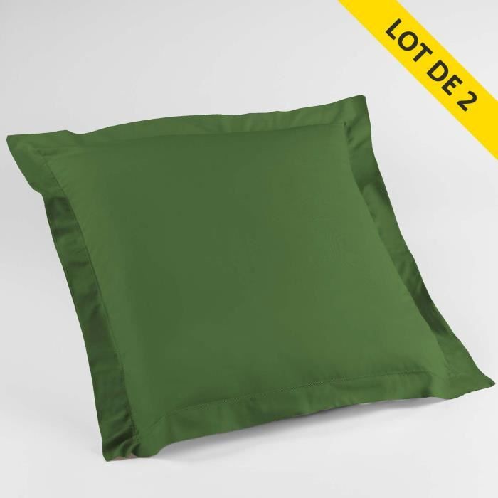 Lot de 2 taies d'oreiller volant plat 63x63 100% coton 57 fils Finition point bourdon Vert sapin