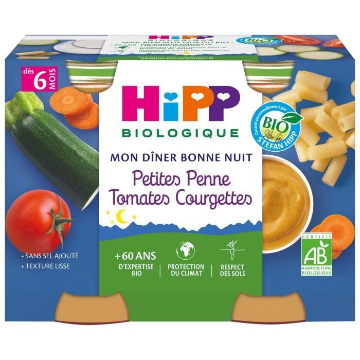 Hipp Bio Mon Dîner Bonne Nuit Bol Petites Penne Tomates Courgettes +6m 2 x 190g