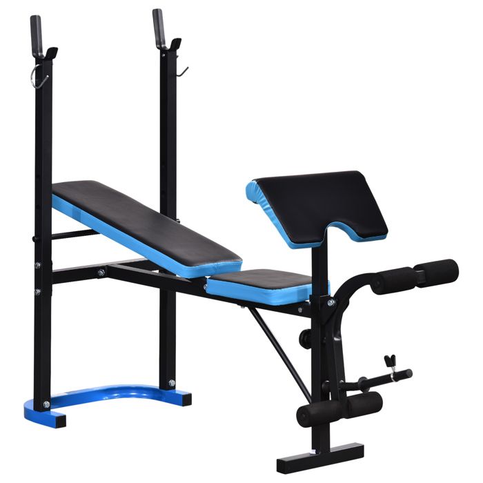 Banc de musculation abdo. fessiers - rack haltères - dossier, coussin leg curl réglable - charge max. 150 Kg - acier PU bleu noir