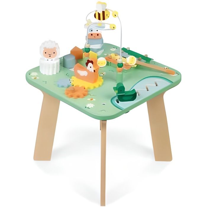 Jolie Table Multi-Activites Eveil bebe, theme Ferme 36x36x53,5cm - Hauteur 32cm - Jouet en bois, peinture a l'eau - Des 12 mois