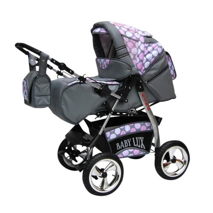 King 4 en 1 Poussette combinée avec siège auto + ISOFIX Poussette Canne et accessoires 58 gris & points rose