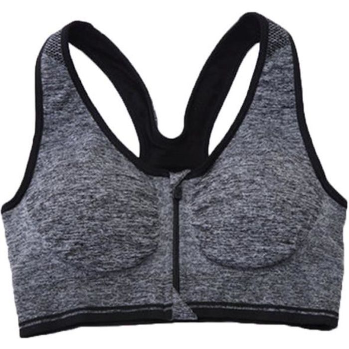 femmes Soutien-gorge de sport avec fermeture à glissière frontale rembourrée Fitness Soutien-gorge Taille XL (Gris)