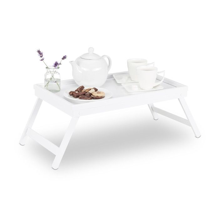 Relaxdays Tablette de Lit Bambou Pieds Rabats Rebords Plateau de Service & Petit Déjeuner, HLP 22 x 64 x 31 cm, Blanc