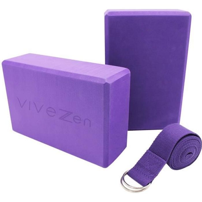 Lot de 2 briques de yoga 23 x 15 x 7,5 cm et sangle de yoga 183 x 3,8 cm - EVA - Violet - Vivezen