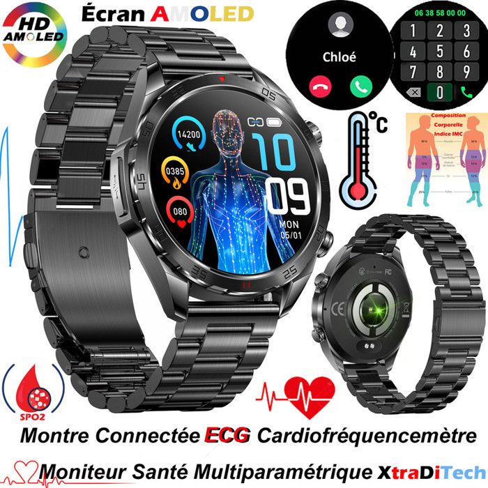 Montre Connectée Homme Militaire Robuste Gros Renfort et Bouton Codeur Rotatif Double Bleutooth avec Micro Integrée Assistant Vocal