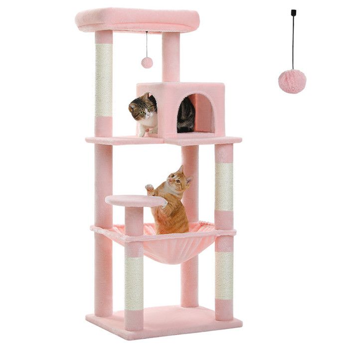 Meilleurs prix pour PAWZ Road Arbre à chat Design Spacieux Grande Hamac Dur Stable Avec hamac et belle maison pour chat - Rose - 143 cm