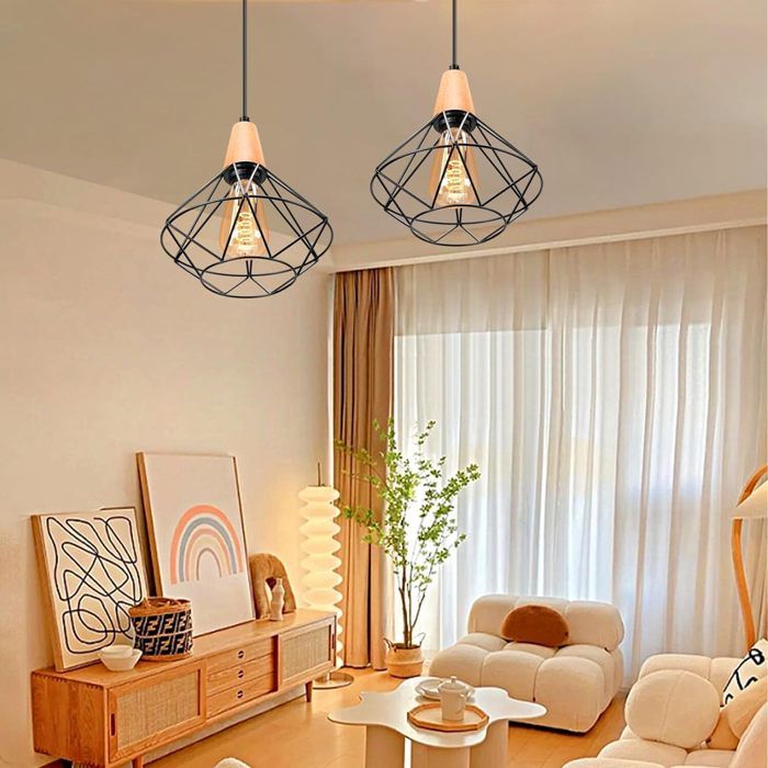Lot de 2 Suspension Luminaire Industriel Vintage TOKIUS Lustre en Métal Bois E27 Lampe Plafond Noir pour Salon Chambre Cuisine Lot de 2 Suspension Luminaire Industriel Vintage TOKIUS Lustre en Métal Bois E27 Lampe Plafond Noir pour Salon Chambre Cuisine