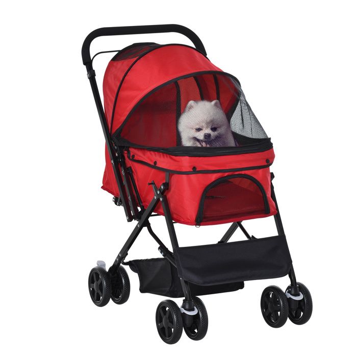 Poussette buggy pliable chien chat panier et sac de rangement attaches sécurité housse réglable poignée réglable acier Oxford rouge