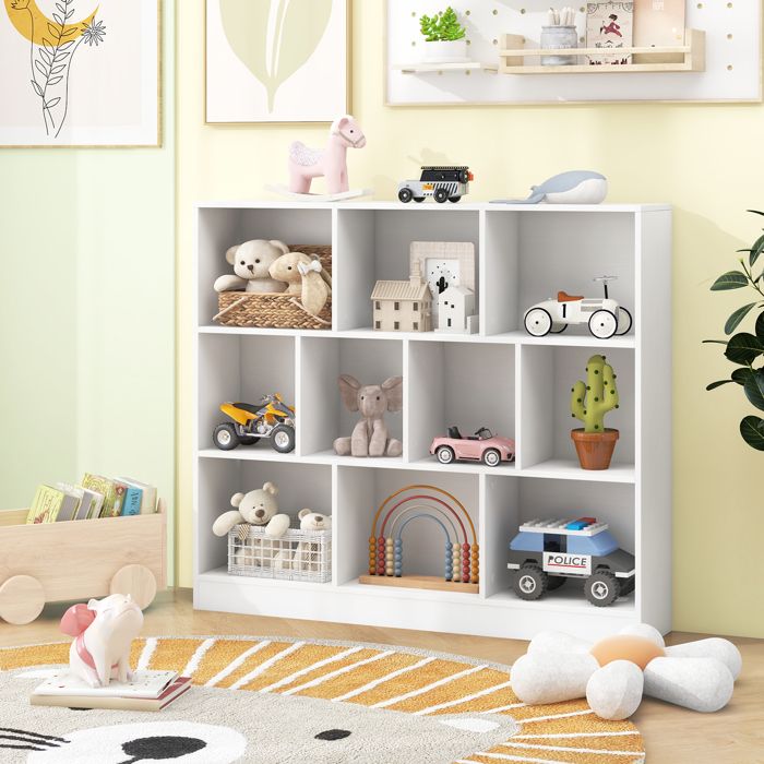 DREAMADE Bibliothèque en Bois à 3 Niveaux Etagère de Rangement à 10 Cubes avec 2 Kits Anti-basculement pour Jouet Livre Blanc
