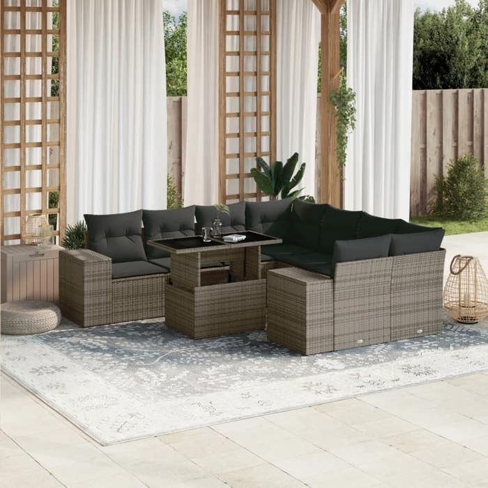 vidaXL Salon de jardin 9 pcs avec coussins gris résine tressée 3269060