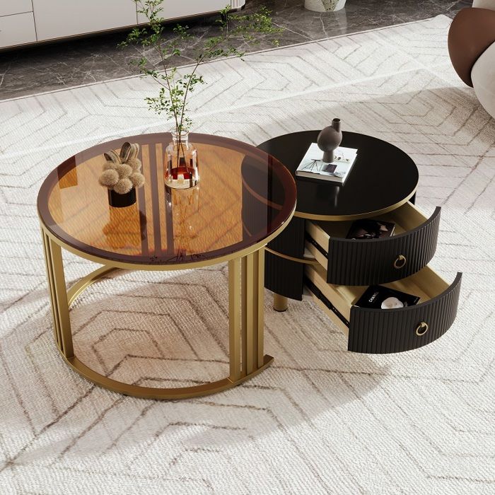 Ronde Table Basse Lot De 2 Table Gigogne Avec Rangement Tables  Atable Dappoint En Verre Trempé Noir + Marron