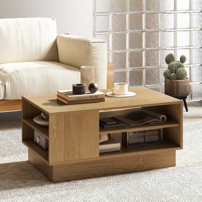 Table Basse Rectangulaire COSTWAY 2 Étagères de Rangement Ouvertes Table Moderne 86x56x41cm pour Salon Chambre Bureau Naturel