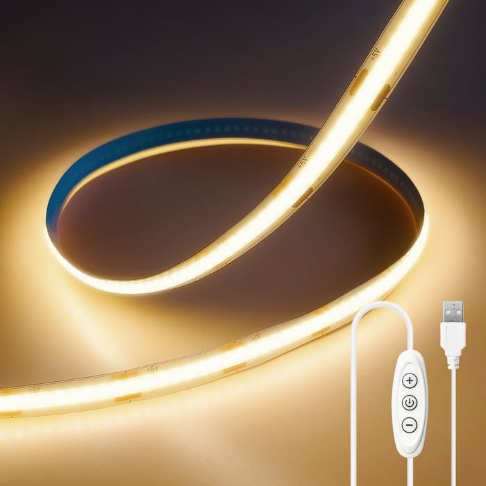 Ruban LED COB 2700K 5M - Blanc Chaud Dimmable Avec Alim Et Télécommande !