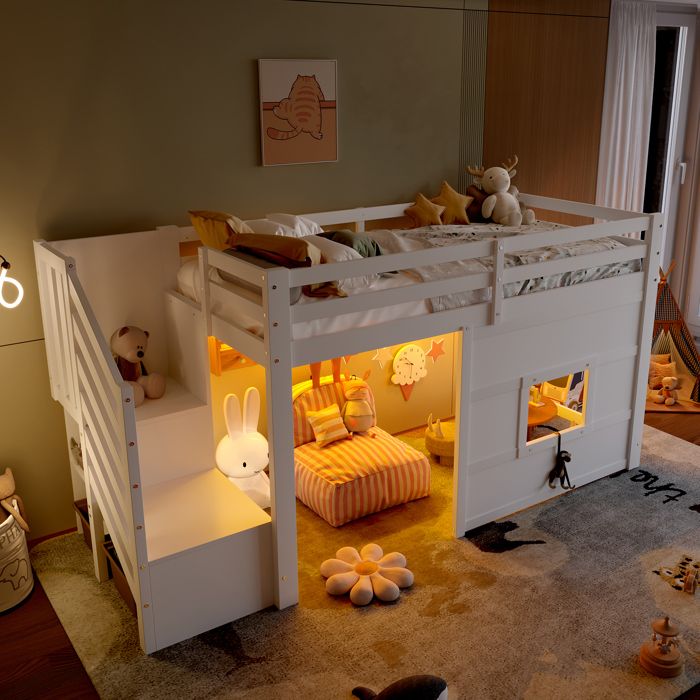 Lit mezzanine enfant 90x200 cm - avec escalier de rangement et fenêtre - blanc