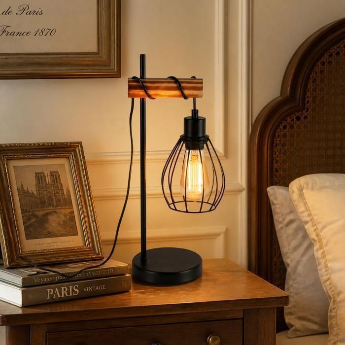 Lampe à poser vintage en bois et métal noir NETTLIFE style industriel rétro culot E27 hauteur 46 cm lampe de chevet ou bureau